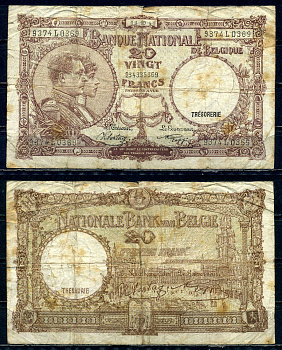 Бельгия 20 франков 1941 18.10.1941, Король Альберт I и его жена Королева Елизавета, Гран-Плас / Гроте Маркт, Брюссель Pick 111 (2) бумага 6301-27-2-1