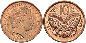 Новая Зеландия 10 центов 2009 маска Маори, Елизавета II (1952-) KM 117а сталь плакированная медью 4114-225