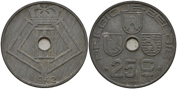 Бельгия 25 сантимов 1942 Belgique - Belgie, Леопольд III (1934-1947), германская оккупация, Вторая мировая война KM 131 цинк 4157-433