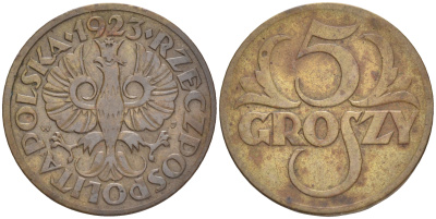 ПОЛЬША 5 ГРОШЕЙ 1923 KM 10 латунь 4516-1124