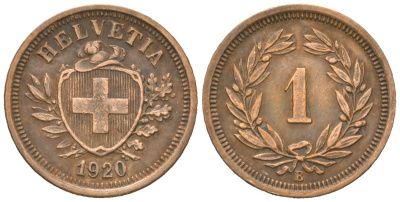 Швейцария 1 раппен 1920 B KM 3 бронза 4547-513
