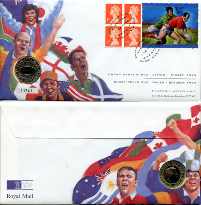 Великобритания 2 фунта 1999 Чемпионат мира по регби, в оригинальном конверте, с марками, первый день гашения KM 999, Spink K10 биметалл BU 4-3-8-61