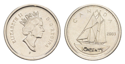 Канада 10 центов 2003 P, Елизавета II (1952-2022), парусник KM 183b сталь плакированная никелем UNC 4639-665