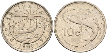 Мальта 10 центов 1986 золотая макрель KM 76 медно-никель 4588-163