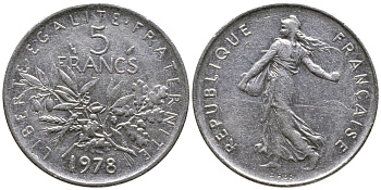 ФРАНЦИЯ 5 ФРАНКОВ 1978 СЕЯТЕЛЬ KM 926a.1, LE FRANC 341.10 медно-никель плакированный никелем 36-213