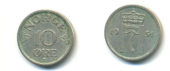 НОРВЕГИЯ 10 ЭРЕ 1951 ХОКОН VII KM 396 медно-никель 89-316