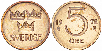 Швеция 5 эре 1972 U, Густав VI Адольф (1950-1973) первый год KM 845 бронза 4547-1053