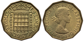 Великобритания 3 пенса 1967 Елизавета II (1952-2022) KM 900, Spink 4153 никель латунь 4538-1146