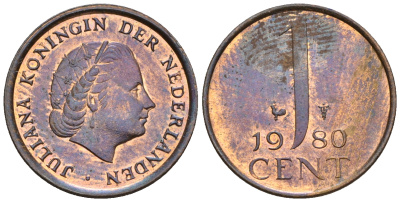 Нидерланды 1 цент 1980 Юлиана (1949-1980) KM 180 бронза UNC 220-512