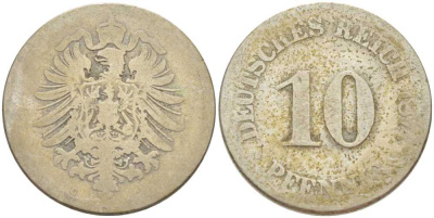 ГЕРМАНИЯ 10 ПФЕННИГОВ 1874 С, СТАРОГЕРБОВКА KM 4, J. 4, Weege 7 медно-никель 261-1216