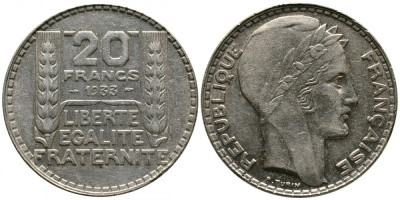 Франция 20 франков 1933 Пьер Тюрен KM 879, Le Franc 400.3 серебро 413-2835