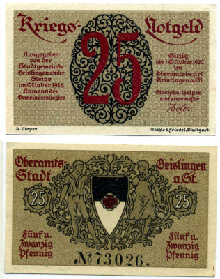 Гайслинген-ан-дер-Штайге 25 пфеннигов 1918 октябрь 1918 - 1 Октября 1920, нотгельд, земля Баден-Вюртемберг, 2 Auflage, seria 73026 Grabowski G4.1c бумага 2195-38-3-2