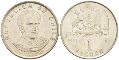 Чили 1 эскудо 1971 Хосе Мигель Каррера KM 197 медно-никель 187-356