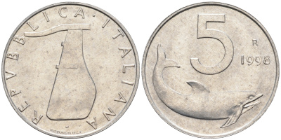 Италия 5 лир 1998 R, дельфин KM 92 алюминий  UNC  4594-755