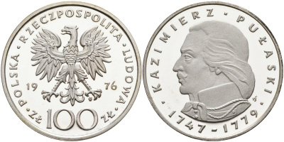 Польша 100 злотых 1976 MW, Казимир Пулавский (1747-1779), в оригинальной упаковке KM 84, Parchimowicz 275 серебро PROOF 1097-1-33
