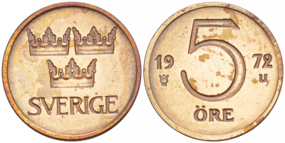 Швеция 5 эре 1972 U, Густав VI Адольф (1950-1973) первый год KM 845 бронза 4547-1053