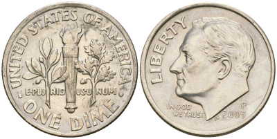 США 1 дайм - 10 центов 2003 P, Рузвельт KM 195а медь плакированная медно-никелем    4608-646