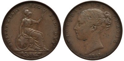 Великобритания 1 фартинг 1847 Виктория (1837-1901) KM 725, Spink 3950 медь 106-831