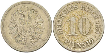 ГЕРМАНИЯ 10 ПФЕННИГОВ 1874 A, СТАРОГЕРБОВКА KM 4, J. 4, Weege 7 медно-никель 261-1215