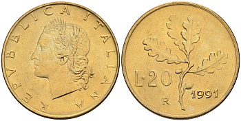 Италия 20 лир 1991 R, дубовый лист KM 97.2 алюминиевая бронза  UNC  4594-834