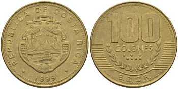 КОСТА-РИКА 100 КОЛОН 1999 со KM 230а.1 латунь 82-244