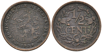Нидерланды 1/2 цента 1928 Вильгельмина (1890-1948) KM 138 бронза 4576-466