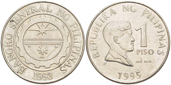 ФИЛИППИНЫ 1 ПИСО 1995 УЧЁНЫЙ ПИСАТЕЛЬ И ПОЭТ ХОСЕ РИСАЛЬ KM 269 медно-никель 4544-545
