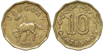 Уругвай 10 сентесимо 1977 KM 66 алюминиевая бронза 4164-758