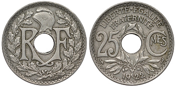 Франция 25 сантимов 1922 тип Lindauer KM 867а, Le Franc 171.6 медно-никель 4128-216