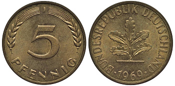 ФРГ 5 ПФЕННИГОВ 1969 J KM 107, Jager 382 сталь плакированная латунью 4547-741