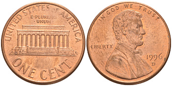 США 1 ЦЕНТ 1996 D, ЛИНКОЛЬН KM 201b цинк плакированный медью UNC 63-331