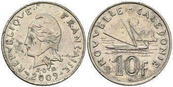 Французская Новая Каледония 10 франков 2009 рыбачья парусная лодка, (IEOM) KM 11a, Schoen 13a, Lec 99k медно-никель 61-147