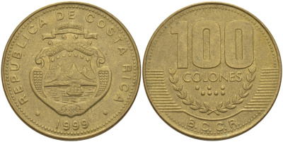 КОСТА-РИКА 100 КОЛОН 1999 со KM 230а.1 латунь 82-244