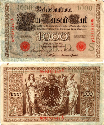 Германия 1000 марок 1910 Pick 44b бумага 7547-39-2-2