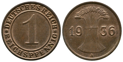 Германия 1 рейхспфенниг 1936 A KM 37, J. 313 бронза 220-159