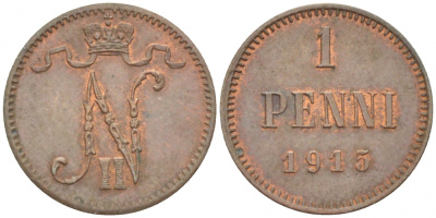 РОССИЯ ДЛЯ ФИНЛЯНДИИ 1 ПЕННИ 1915 НИКОЛАЙ II KM 13, Биткин 475 медь 4396-1458