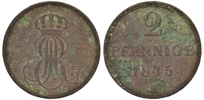 Ганновер 2 пфеннига 1845 B, Эрнст Август (1837-1851) KM 202.1, AKS 124, J. 75 медь 75-1823