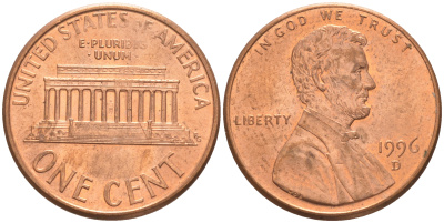 США 1 ЦЕНТ 1996 D, ЛИНКОЛЬН KM 201b цинк плакированный медью UNC 63-331