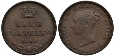 Великобритания 1/2 фартинга 1844 Виктория (1837-1901) KM 738, Spink 3951 медь 1523-1214