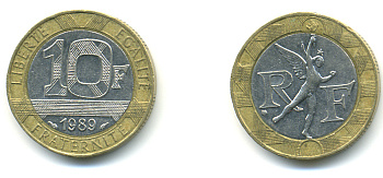Франция 10 франков 1989 тип гений Бастилии KM 964.1, Le Franc 375.3 биметалл 176-1214