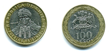 Чили 100 песо 2010 индейцы Мапуче KM 236 биметалл 29-1255