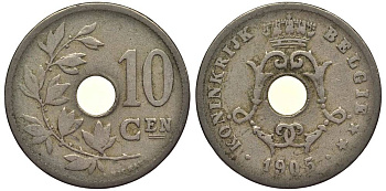 БЕЛЬГИЯ 10 САНТИМОВ 1905 BELGIE, ЛЕОПОЛЬД II (1865-1909) KM 53 медно-никель 27-856
