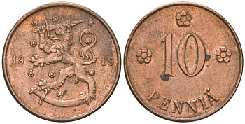 Финляндия 10 пенни 1919 KM 24 медь 4591-933