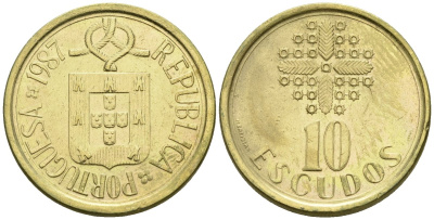 Португалия 10 эскудо 1987 KM 633 никель латунь 4148-513
