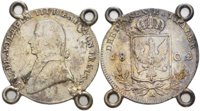 ПРУССИЯ 1/3 ТАЛЕРА 1802 А, ВИЛЬГЕЛЬМ III, КОРОЛЬ ПРУССИИ, С ПОДВЕСКИ, С УШКАМИ ДЛЯ НОШЕНИЯ KM 380 серебро 1524-1032