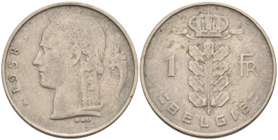 Бельгия 1 франк 1958 Belgie, Бодуэн I (1951-1993) KM 143.1 медно-никель 4563-1225