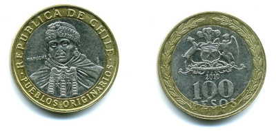 Чили 100 песо 2010 индейцы Мапуче KM 236 биметалл 29-1255