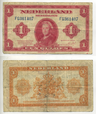 Нидерланды 1 гульден 1943 7 февраля 1943, Вильгельмина Pick 64 бумага 7553-24-3