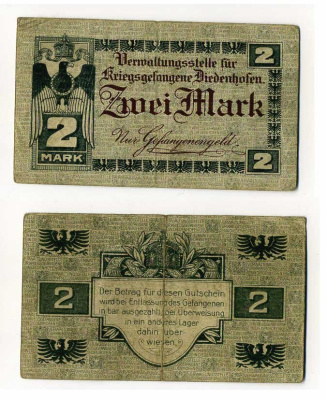 ГЕРМАНИЯ 2 МАРКИ ND ЛАГЕРЬ ВОЕННОПЛЕННЫХ В ТЬОНВИЛЕ (ФРАНЦИЯ) C-2879 бумага 000-00-00