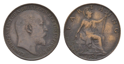 Великобритания 1 фартинг 1905 Эдуард VII (1901-1910) KM 792, Spink 3992 бронза 4658-936